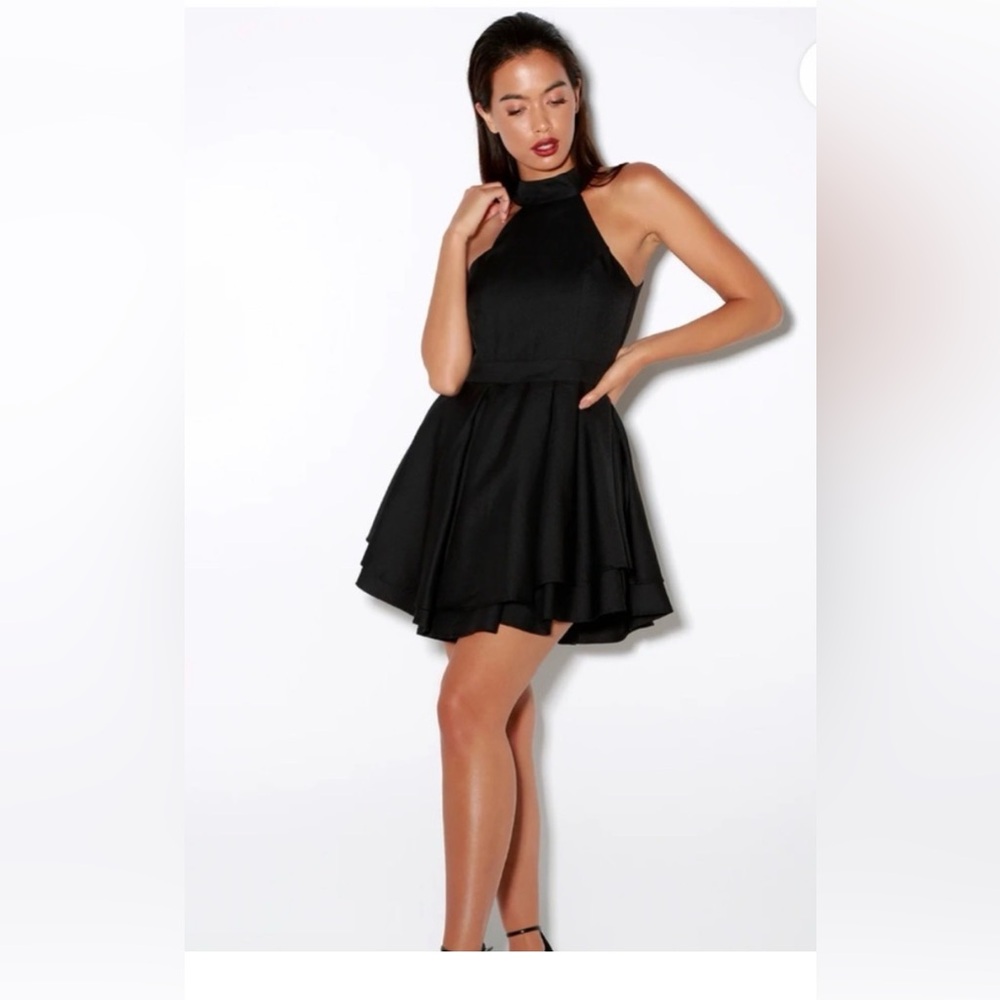 Lulus Elegant Black Halter Skater Dress NEW